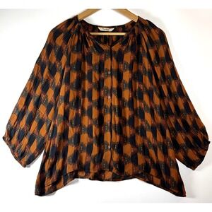 Tucker Silk Blouse Women Small Brown Black Abstract Geometric Boho  Top USA Made